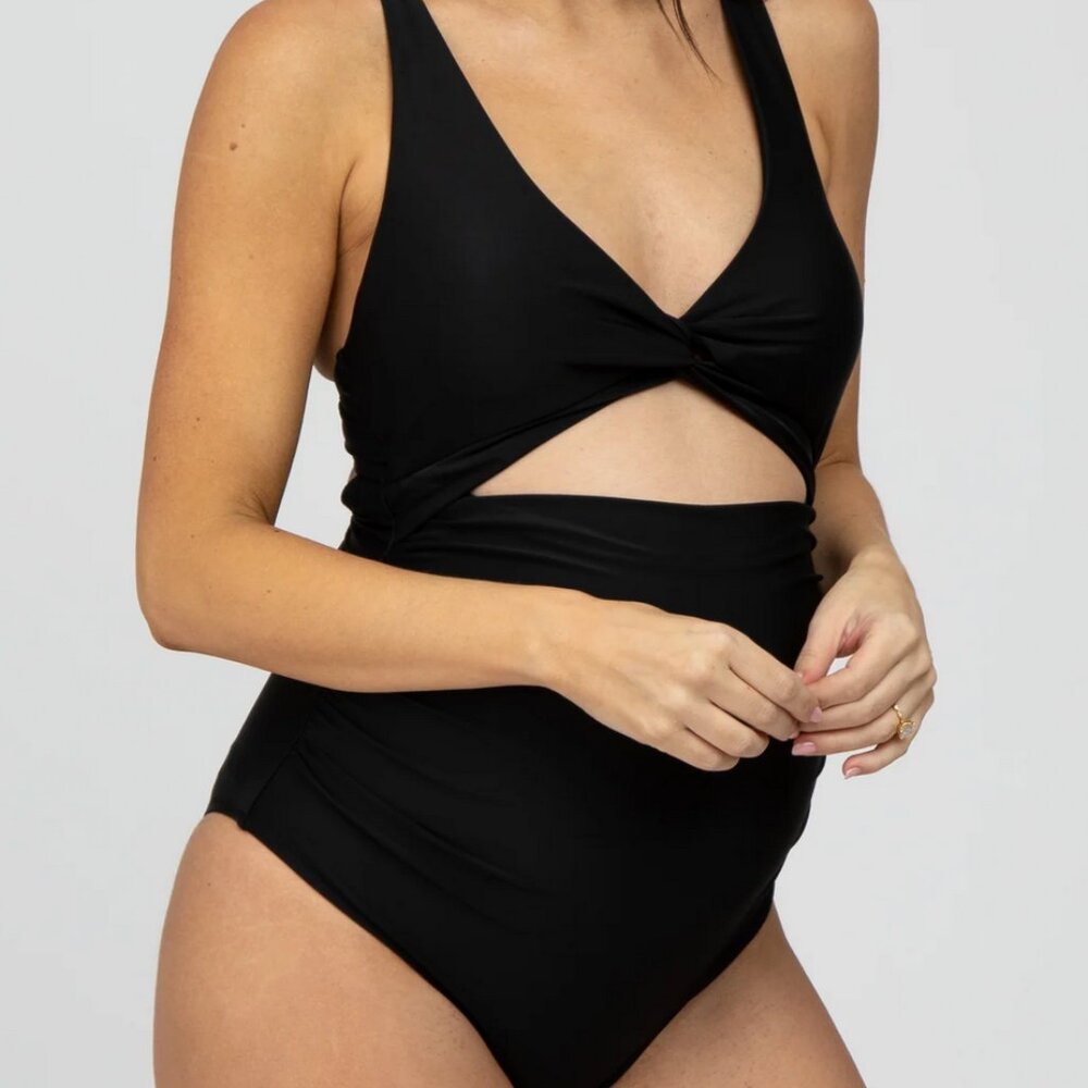 PinkBlush Black Ruched Sides Front Cutout Maternity One Piece Swimsuit